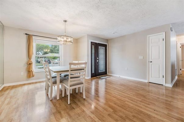 Dining room, Interior, Pendant Lights, Wood Texture Flooring