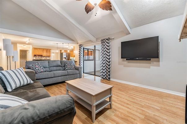 Interior, Kitchen, Living room, Pendant Lights, Stainless Steel Appliances, Wood Texture Flooring