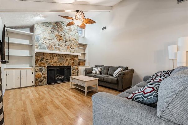 Fireplace, Interior, Living room, Stone Walls, Wood Texture Flooring