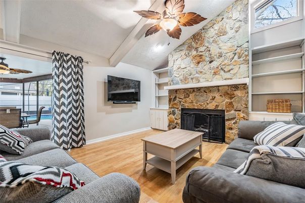 Fireplace, Interior, Living room, Stone Walls, Wood Texture Flooring