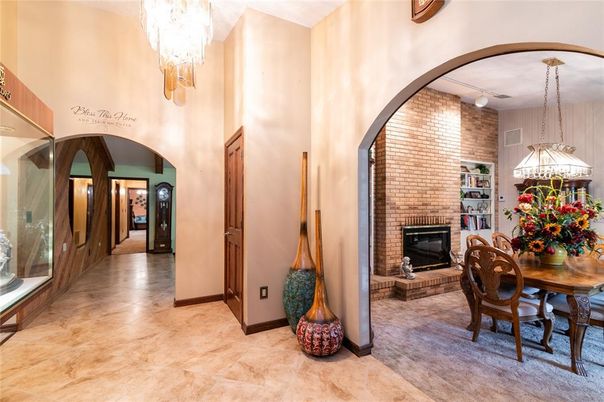 Chandelier, Dining room, Fireplace, Interior, Pendant Lights, Stone Walls