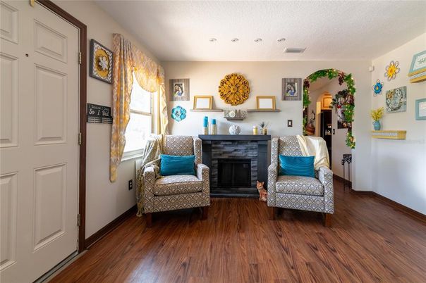 Fireplace, Interior, Recessed Lighting, Wood Texture Flooring