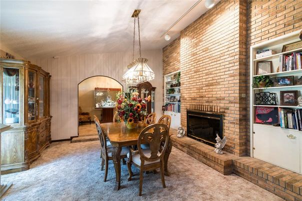 Dining room, Fireplace, Interior, Pendant Lights, Stone Walls