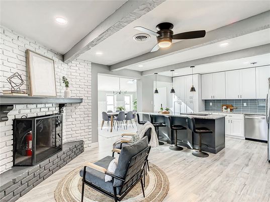 Dining room, Fireplace, Interior, Kitchen, Pendant Lights, Recessed Lighting, Stone Walls, Wood Texture Flooring