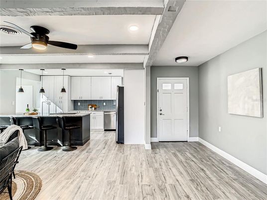 Interior, Kitchen, Recessed Lighting, Stainless Steel Appliances, Wood Texture Flooring