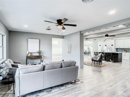 Interior, Kitchen, Living room, Recessed Lighting, Wood Texture Flooring