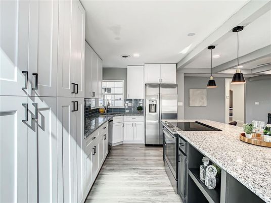 Interior, Kitchen, Pendant Lights, Recessed Lighting, Stainless Steel Appliances, Wood Texture Flooring