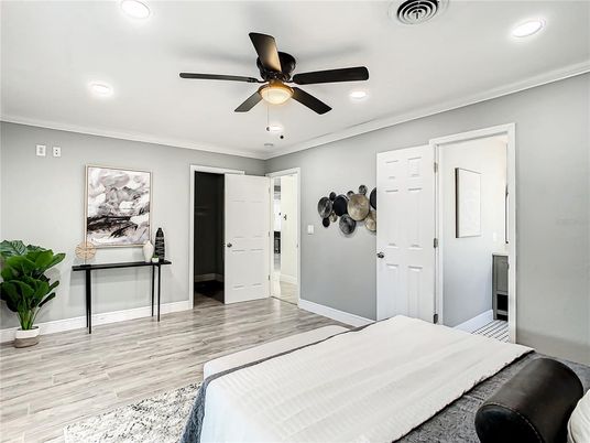 Bedroom, Interior, Recessed Lighting, Wood Texture Flooring