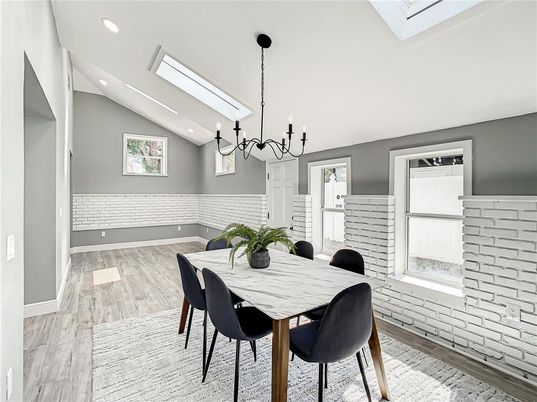 Chandelier, Dining room, Interior, Pendant Lights, Recessed Lighting, Wood Texture Flooring