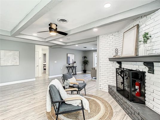 Fireplace, Interior, Recessed Lighting, Stone Walls, Wood Texture Flooring