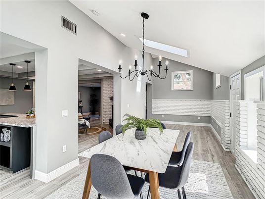 Chandelier, Dining room, Interior, Pendant Lights, Recessed Lighting, Wood Texture Flooring