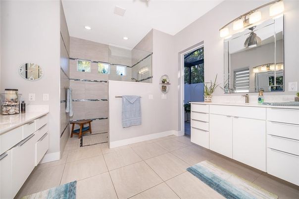 Bathroom, Dual Sink Vanities, Glass Shower, Interior, Recessed Lighting