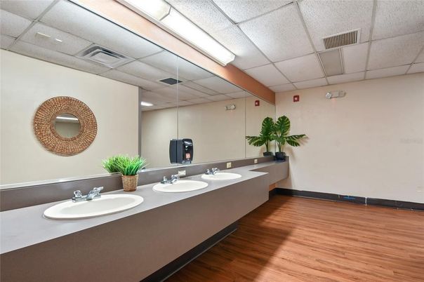 Bathroom, Dual Sink Vanities, Interior, Recessed Lighting, Wood Texture Flooring
