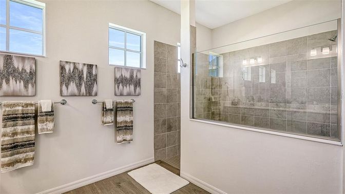 Bathroom, Glass Shower, Interior, Wood Texture Flooring