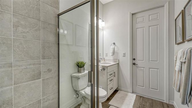Bathroom, Glass Shower, Interior, Wood Texture Flooring