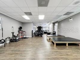 Fitness Equipment, Gym, Interior, Recessed Lighting, Wood Texture Flooring