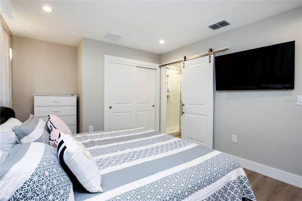 Bedroom, Interior, Recessed Lighting, Wood Texture Flooring