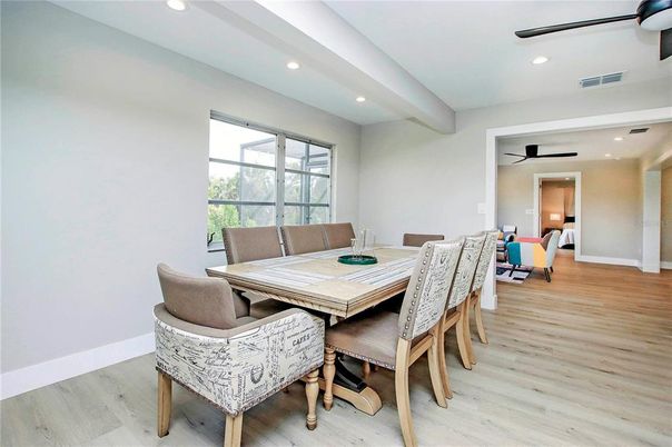 Dining room, Interior, Recessed Lighting, Wood Texture Flooring