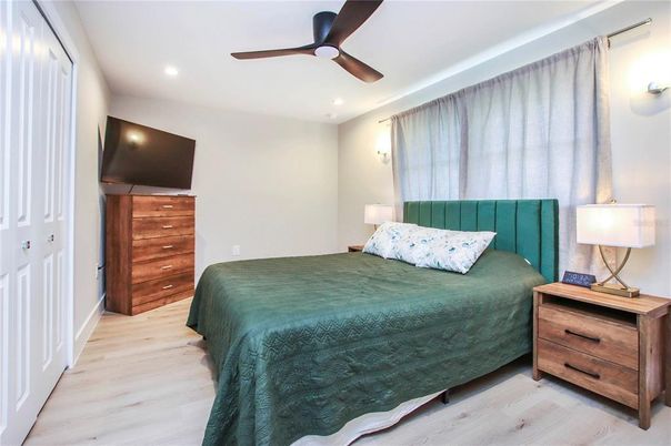 Bedroom, Interior, Recessed Lighting, Wood Texture Flooring
