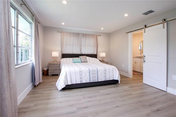 Bedroom, Interior, Recessed Lighting, Wood Texture Flooring