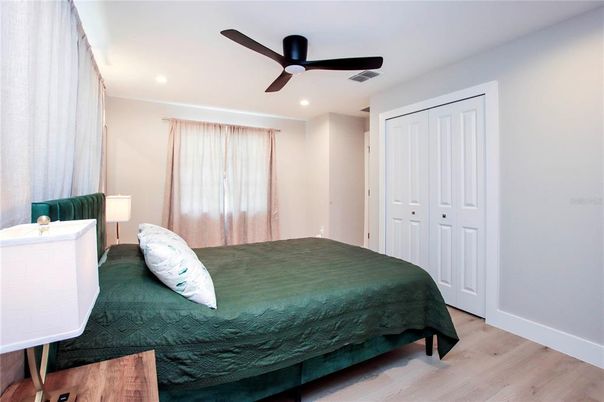 Bedroom, Interior, Recessed Lighting, Wood Texture Flooring