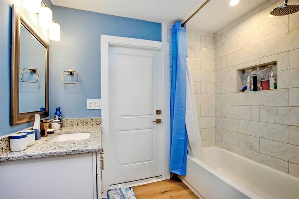 Bathroom, Interior, Recessed Lighting, Wood Texture Flooring
