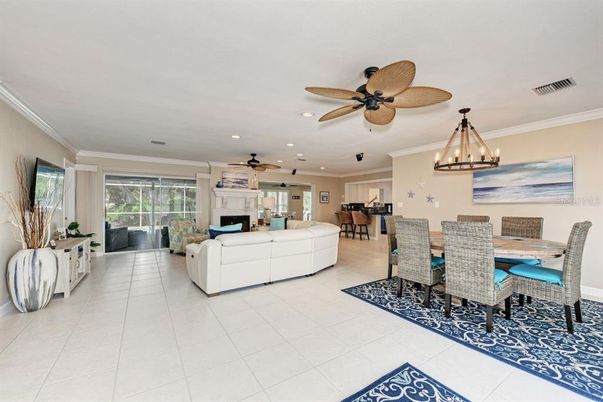 Chandelier, Dining room, Fireplace, Interior, Living room, Pendant Lights, Recessed Lighting