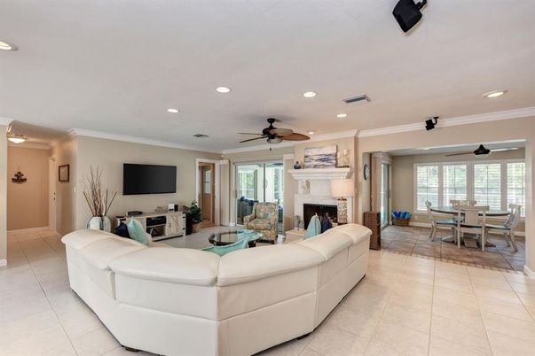 Dining room, Fireplace, Interior, Living room, Recessed Lighting