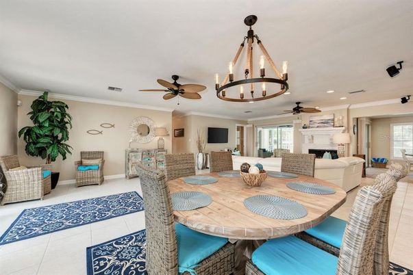 Chandelier, Dining room, Fireplace, Interior, Living room, Pendant Lights, Recessed Lighting