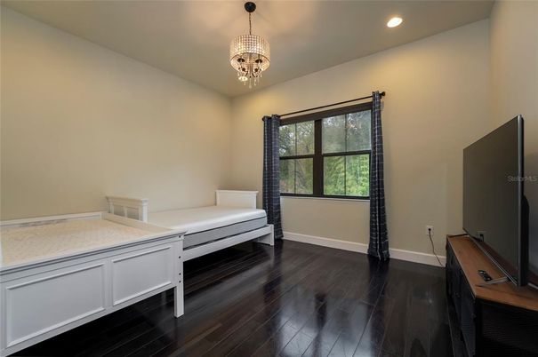 Bedroom, Chandelier, Interior, Recessed Lighting, Wood Texture Flooring