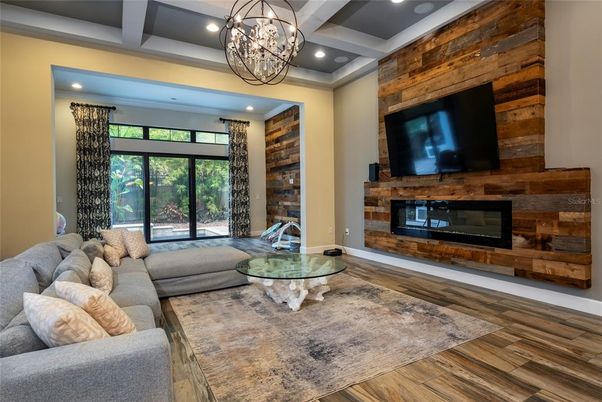 Fireplace, Interior, Living room, Recessed Lighting, Wood Texture Flooring, Wooden Walls