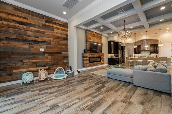Dining room, Fireplace, Interior, Kitchen, Living room, Pendant Lights, Recessed Lighting, Wood Texture Flooring, Wooden Walls