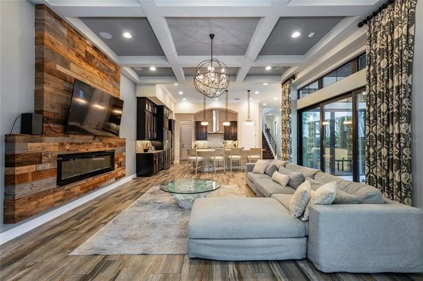Dining room, Fireplace, Interior, Kitchen, Living room, Pendant Lights, Recessed Lighting, Wood Texture Flooring, Wooden Walls