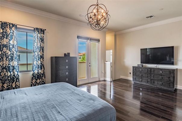 Bedroom, Chandelier, Interior, Wood Texture Flooring