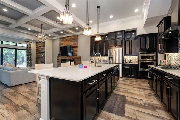 Interior, Kitchen, Living room, Pendant Lights, Recessed Lighting, Stainless Steel Appliances, Wood Texture Flooring