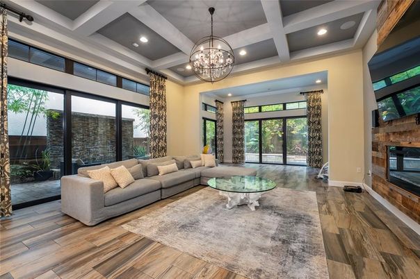 Chandelier, Fireplace, Interior, Living room, Recessed Lighting, Wood Texture Flooring
