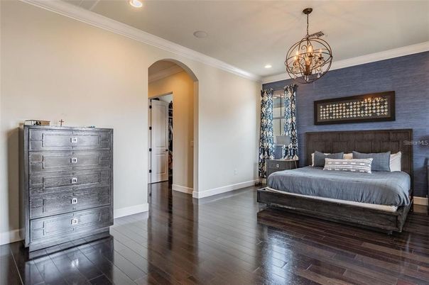 Bedroom, Chandelier, Interior, Recessed Lighting, Wood Texture Flooring