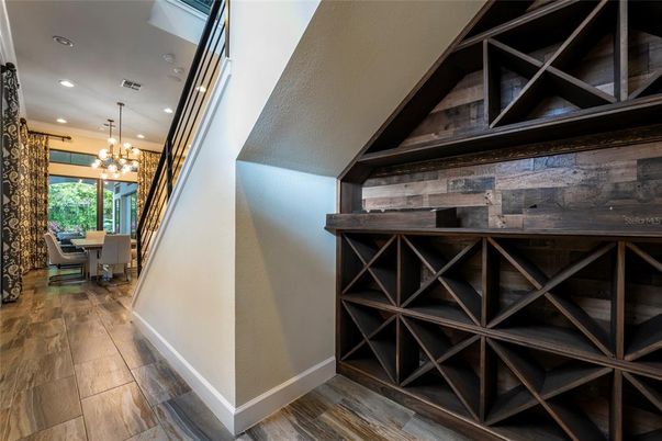 Chandelier, Interior, Recessed Lighting, Wine Storage, Wood Texture Flooring