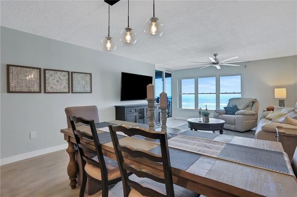 Dining room, Interior, Living room, Pendant Lights, Water, Wood Texture Flooring