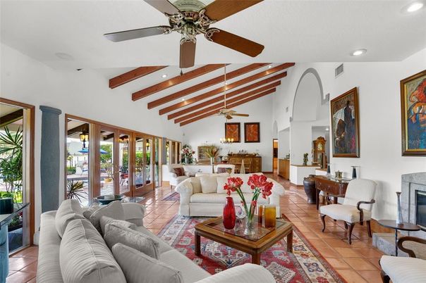 Dining room, Fireplace, Interior, Living room, Recessed Lighting, Wooden Beams
