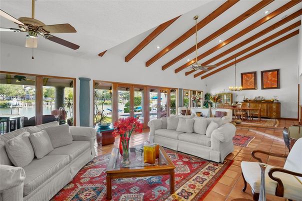 Chandelier, Dining room, Interior, Living room, Recessed Lighting, Wooden Beams