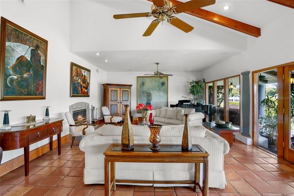 Fireplace, Interior, Living room, Recessed Lighting, Wooden Beams