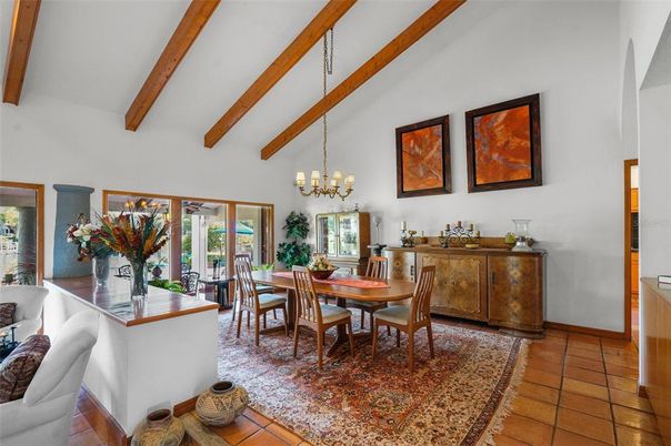 Chandelier, Dining room, Interior, Wooden Beams