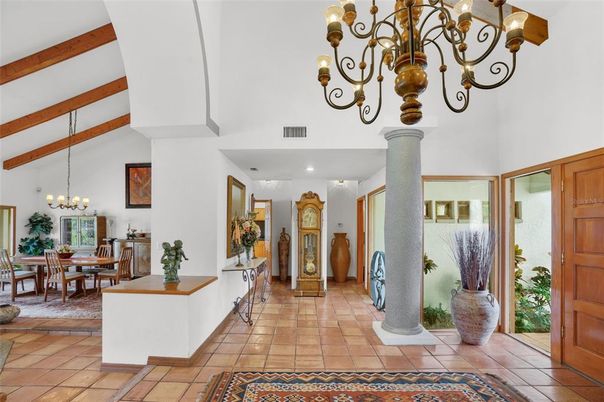 Chandelier, Dining room, Interior, Recessed Lighting, Wooden Beams