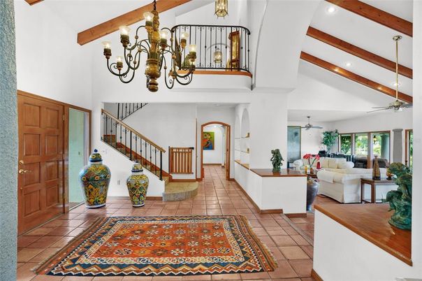 Chandelier, Interior, Living room, Recessed Lighting, Wooden Beams