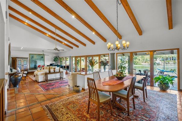 Chandelier, Dining room, Interior, Living room, Recessed Lighting, Wooden Beams