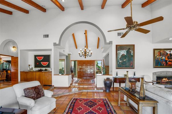 Chandelier, Fireplace, Interior, Living room, Recessed Lighting, Wooden Beams