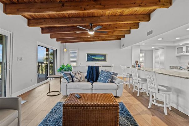 Dining room, Interior, Kitchen, Living room, Pendant Lights, Recessed Lighting, Wooden Beams, Wooden Ceilings, Wood Texture Flooring