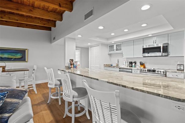 Interior, Kitchen, Recessed Lighting, Stainless Steel Appliances, Wooden Beams, Wooden Ceilings, Wood Texture Flooring