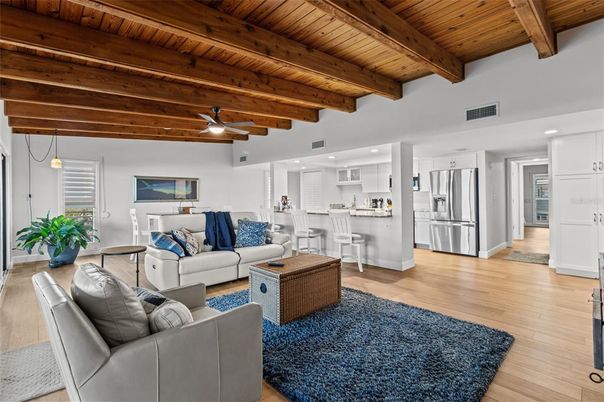 Interior, Kitchen, Living room, Pendant Lights, Recessed Lighting, Stainless Steel Appliances, Wooden Beams, Wooden Ceilings, Wood Texture Flooring